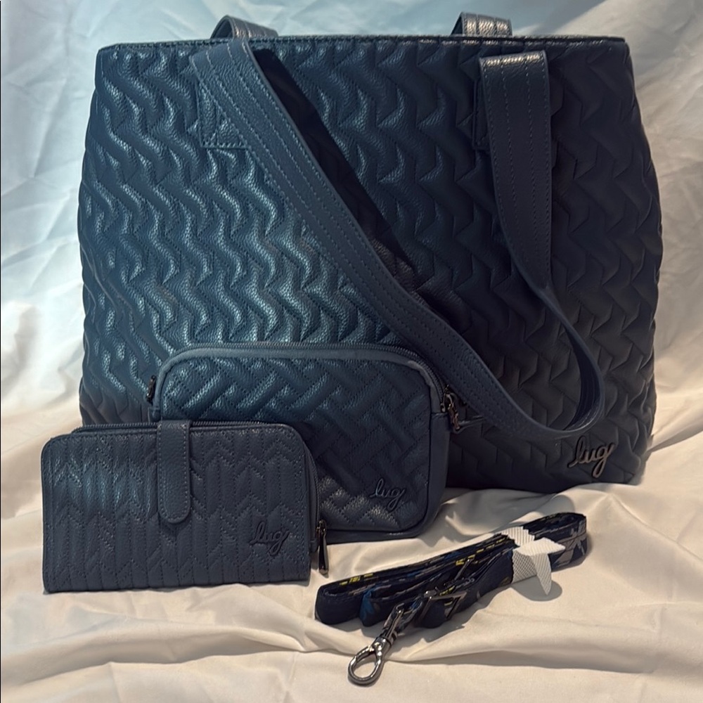 Lug Women's Quilted Navy Tote Set. Tram, Coupe, and Tempo.
